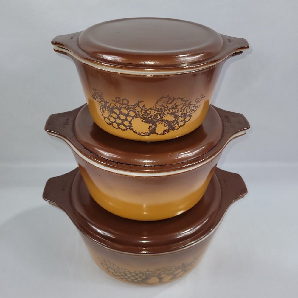 Pyrex 473 474 475 Old Orchard 1974-1978 Casserole Baking Dish Set